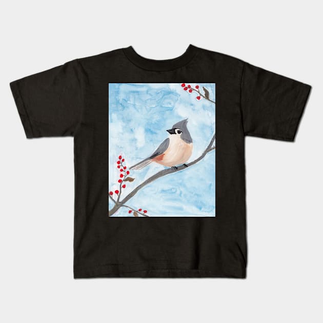 Tufted Titmouse with Holiday Berries Kids T-Shirt by Peleegirl